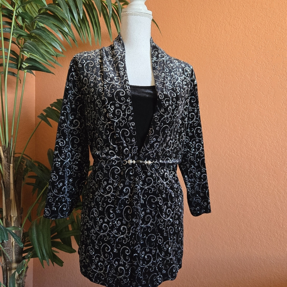 3/$25 Notations Woman Velvet Sparkle Top Jaxket Stretch 1X Black Silver Evening - Picture 12 of 12